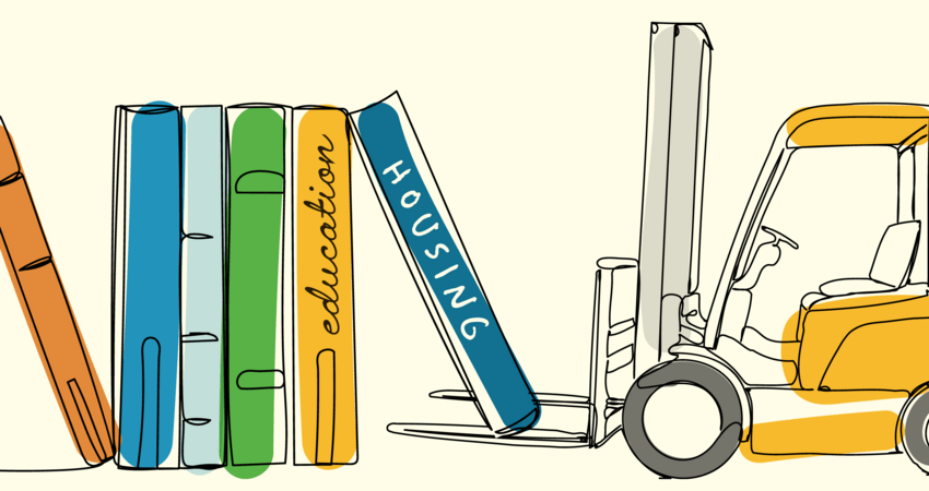 Forklift lifting books illustration
