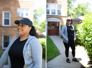 Cassiette Cartagena stands outside her home in Chicago’s Humboldt Park neighborhood. The 31-year-old single mother is one of four R2I2 participants. She hopes the program will help her build greater financial savings and security for her family.