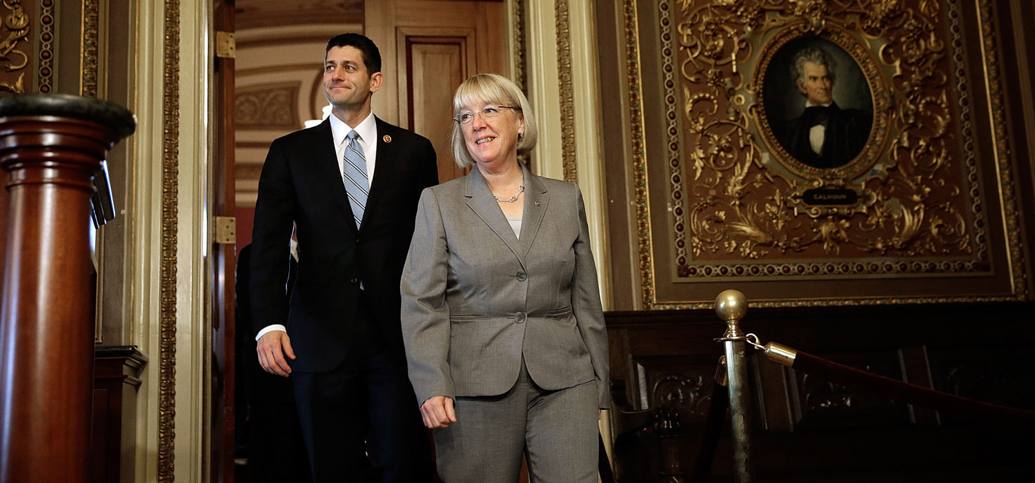 Members of the bipartisan budget conference Rep. Paul Ryan (R-WI) and Sen. Patty Murray (D-WA) discuss their initial meeting at the US Capitol October 17, 2013 in Washington, DC. Photo by Win McNamee/Getty Images