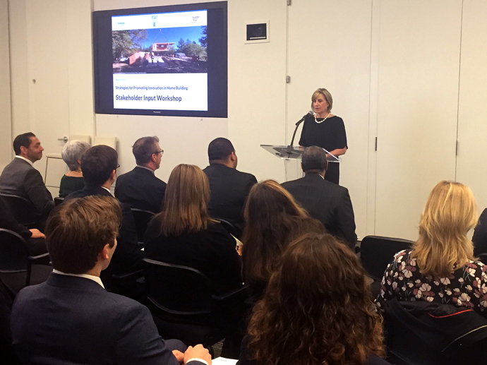 Pamela Hughes Patenaude, deputy secretary of HUD speaks at the Strategies for Promoting Innovation in Home Building event. Photo by Emily Peiffer/Urban Institute.
