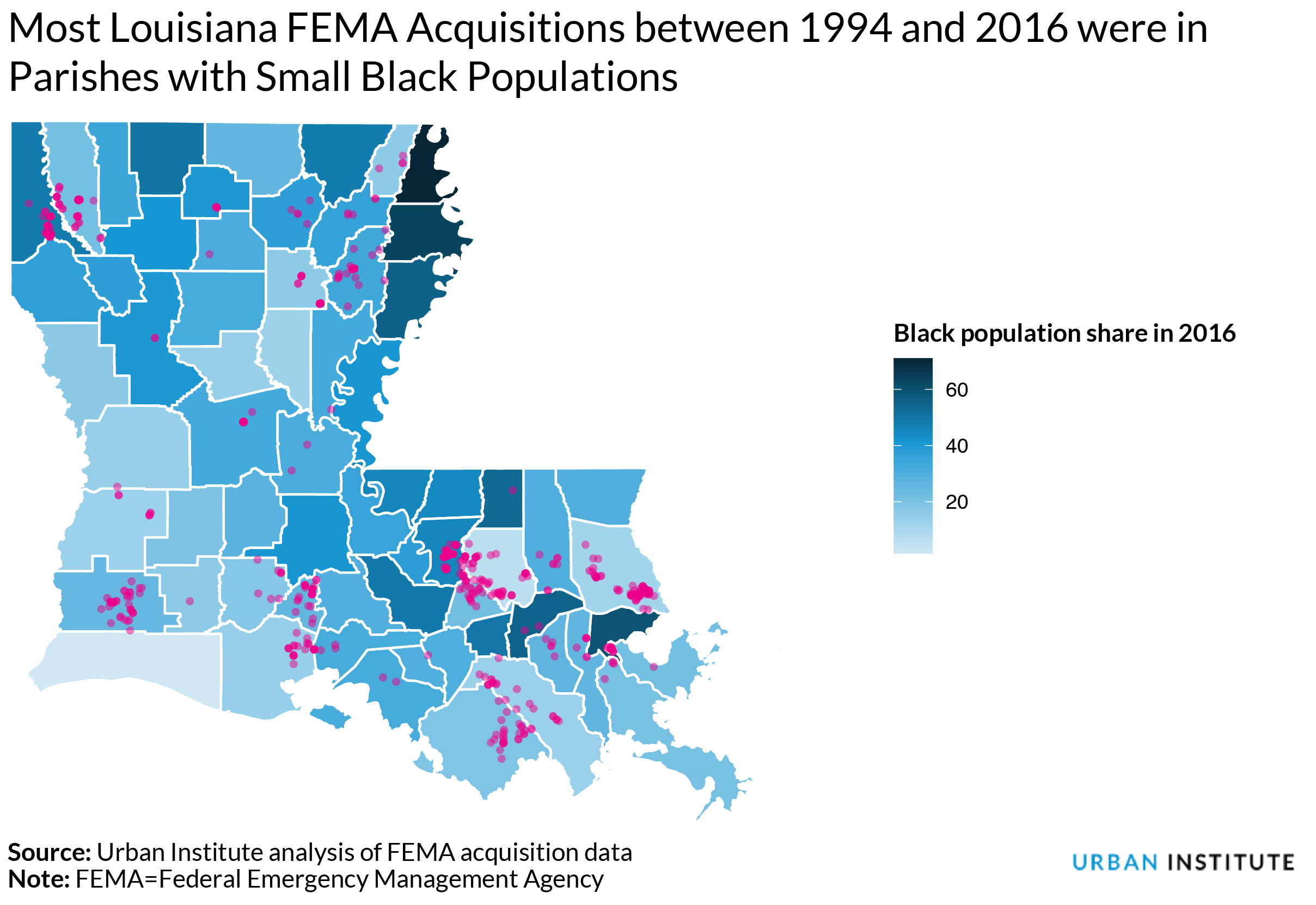 Map: most LA FEMA acquisitions 1994-2016 were in parishes with small black populations