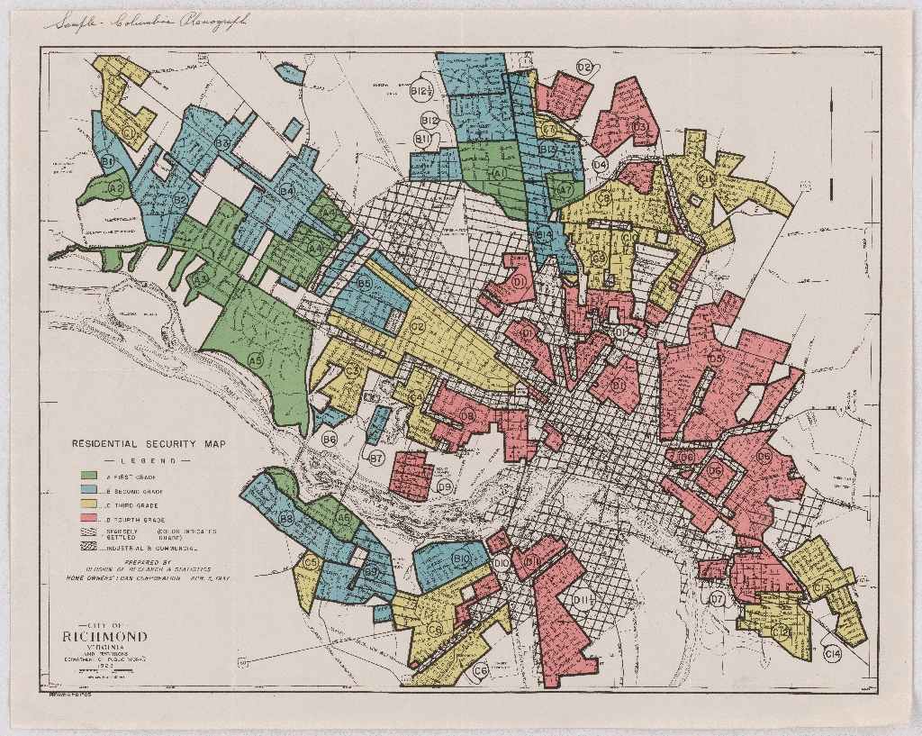 A “redlining” map of Richmond, Virginia, from 1937 produced by the Home Owners’ Loan Corporation used to appraise home values and neighborhoods. 