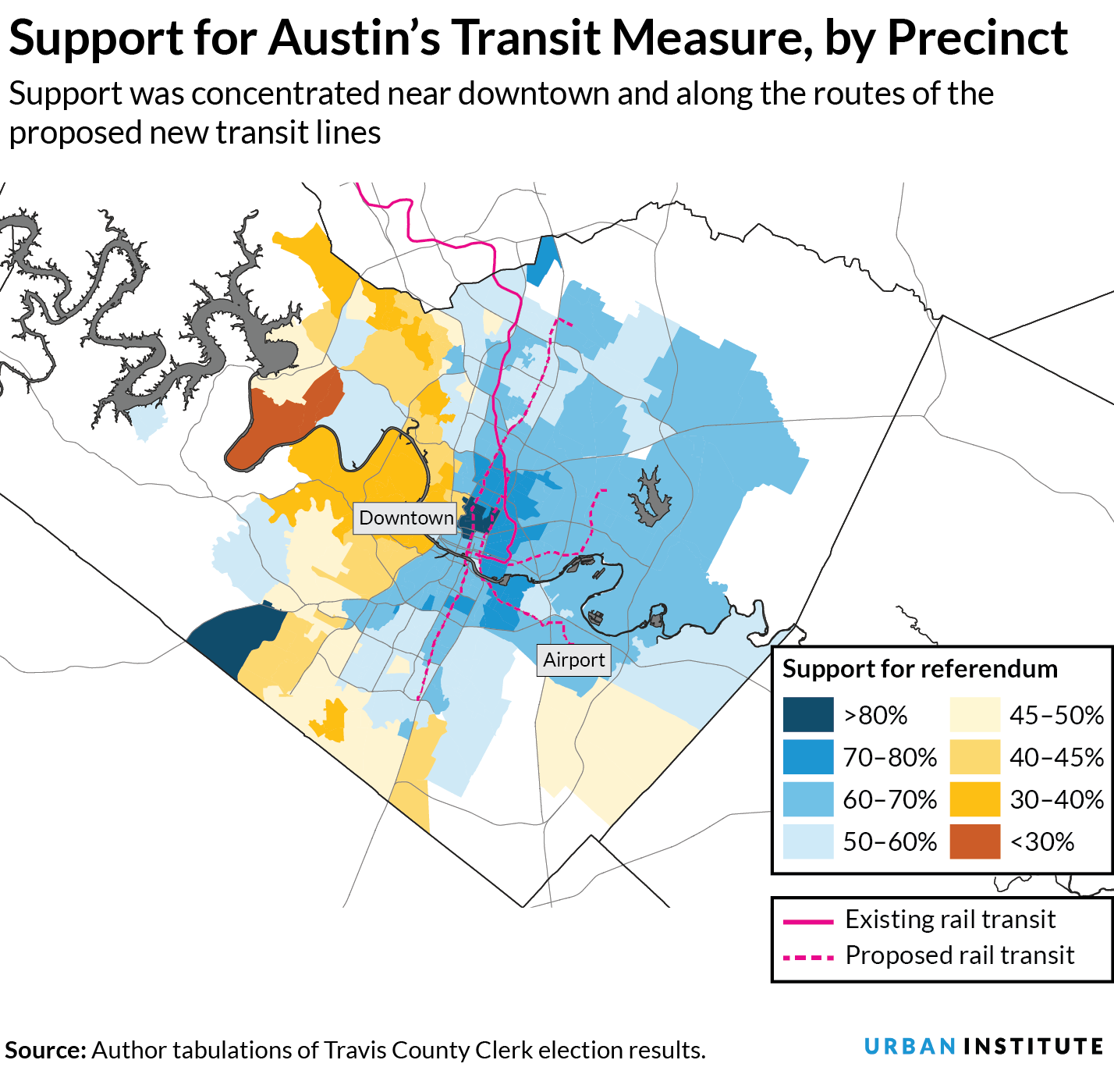 Support for Austin's transit measure, by precinct 