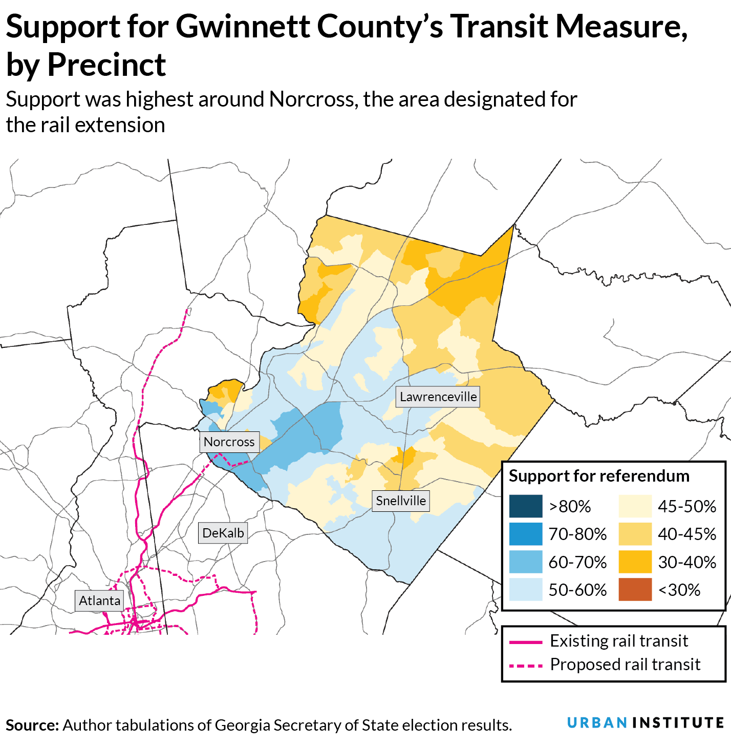 Map of support for Gwinnett, Georgia's ballot measure to raise sales tax to fund MARTA extension, by precinct
