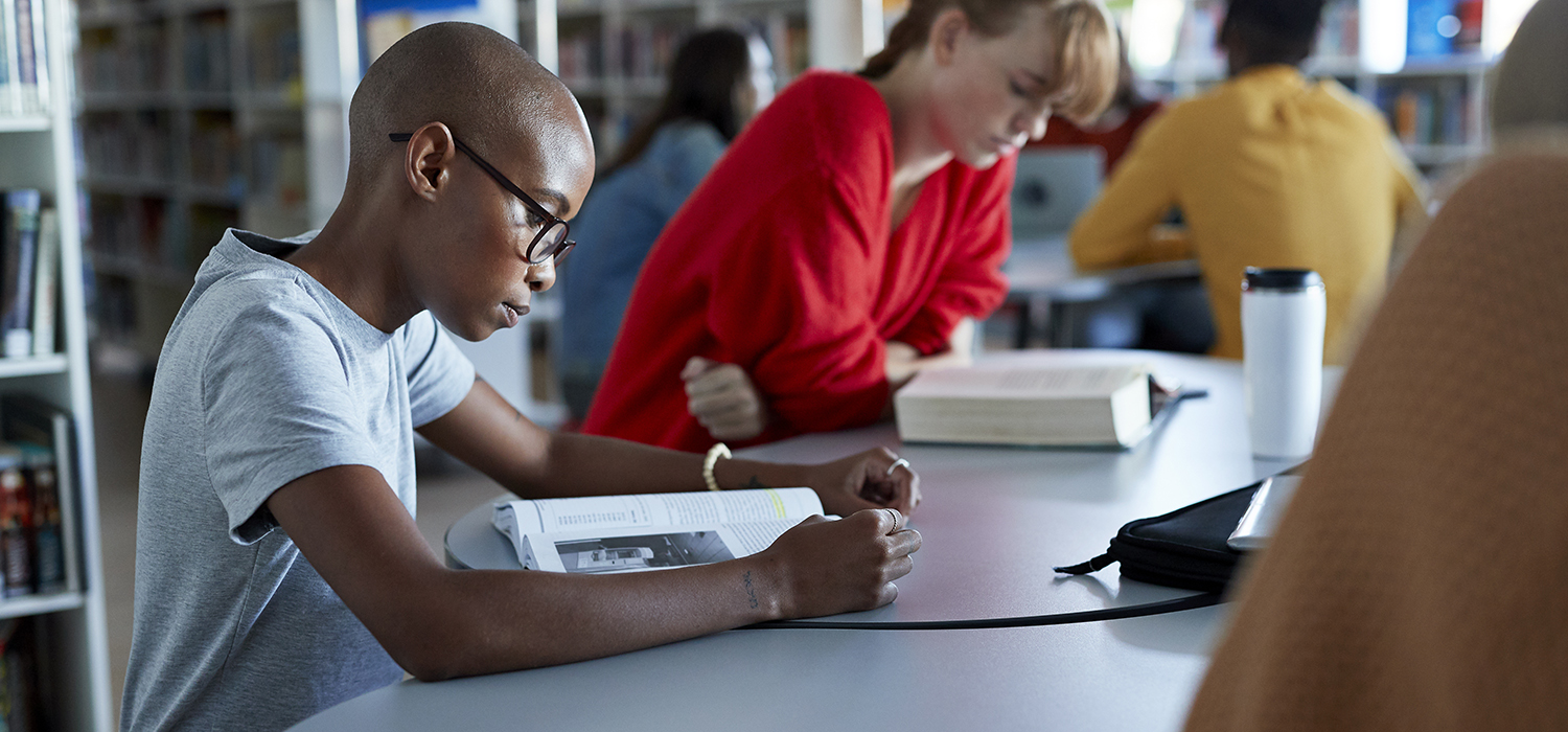 Student reads a book at school
