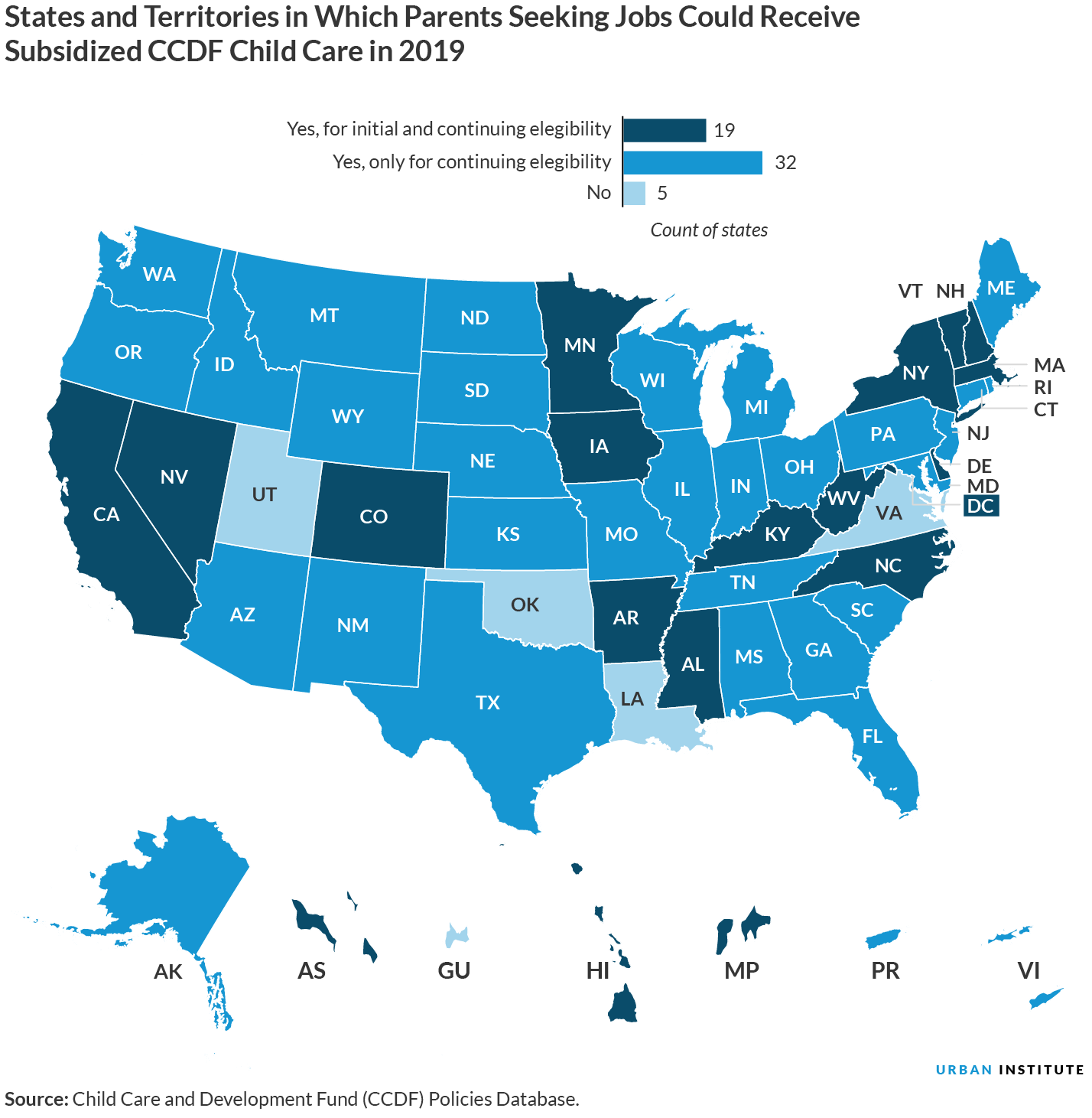 Map showing states and territories in which parents seeking jobs could receive subsidized child care from the Child Care and Development Fund in 2019