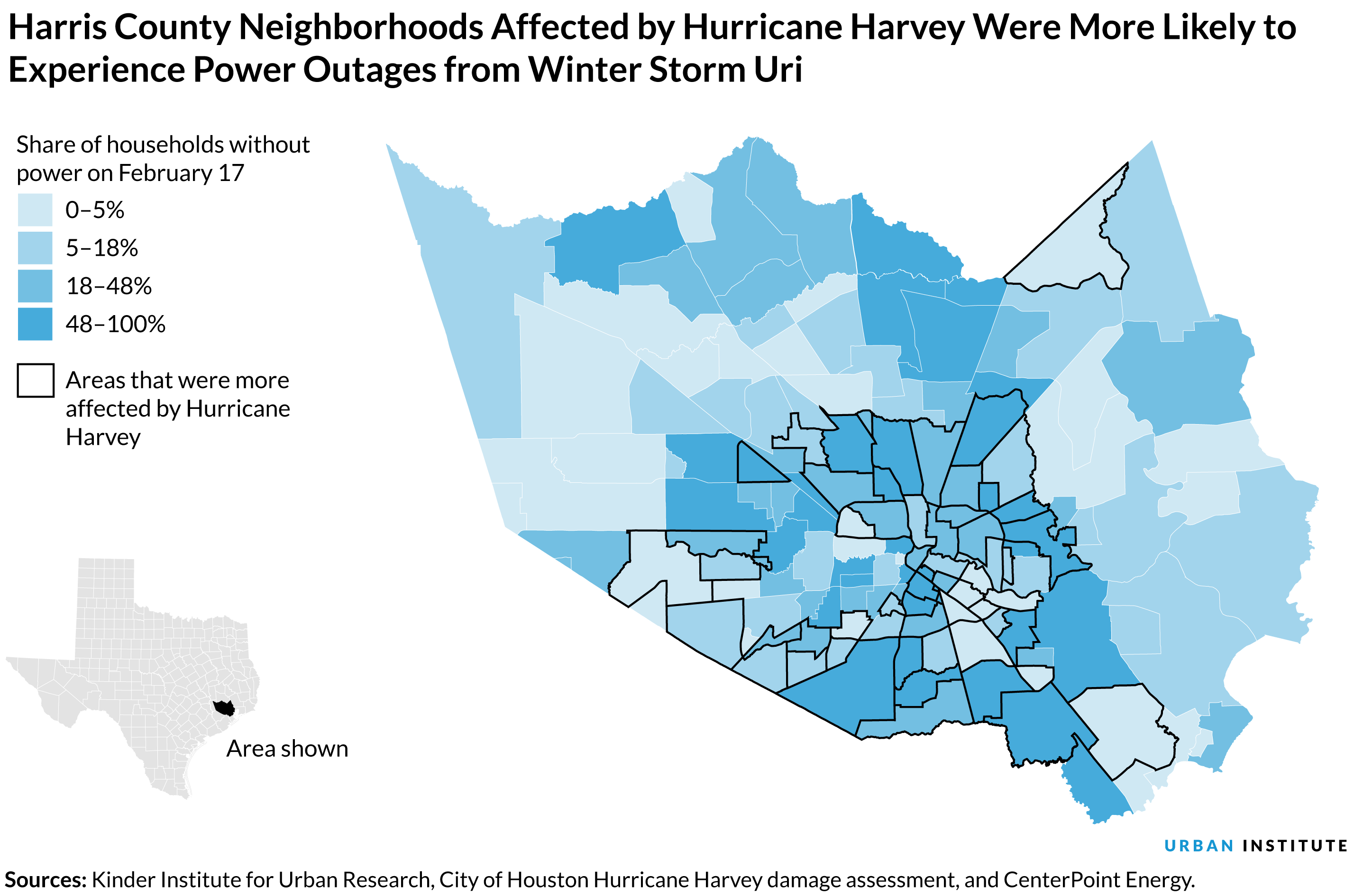 Map showing that Harris County neighborhoods affected by Hurricane Harvey were more likely to experience power outages from Winter Storm Uri