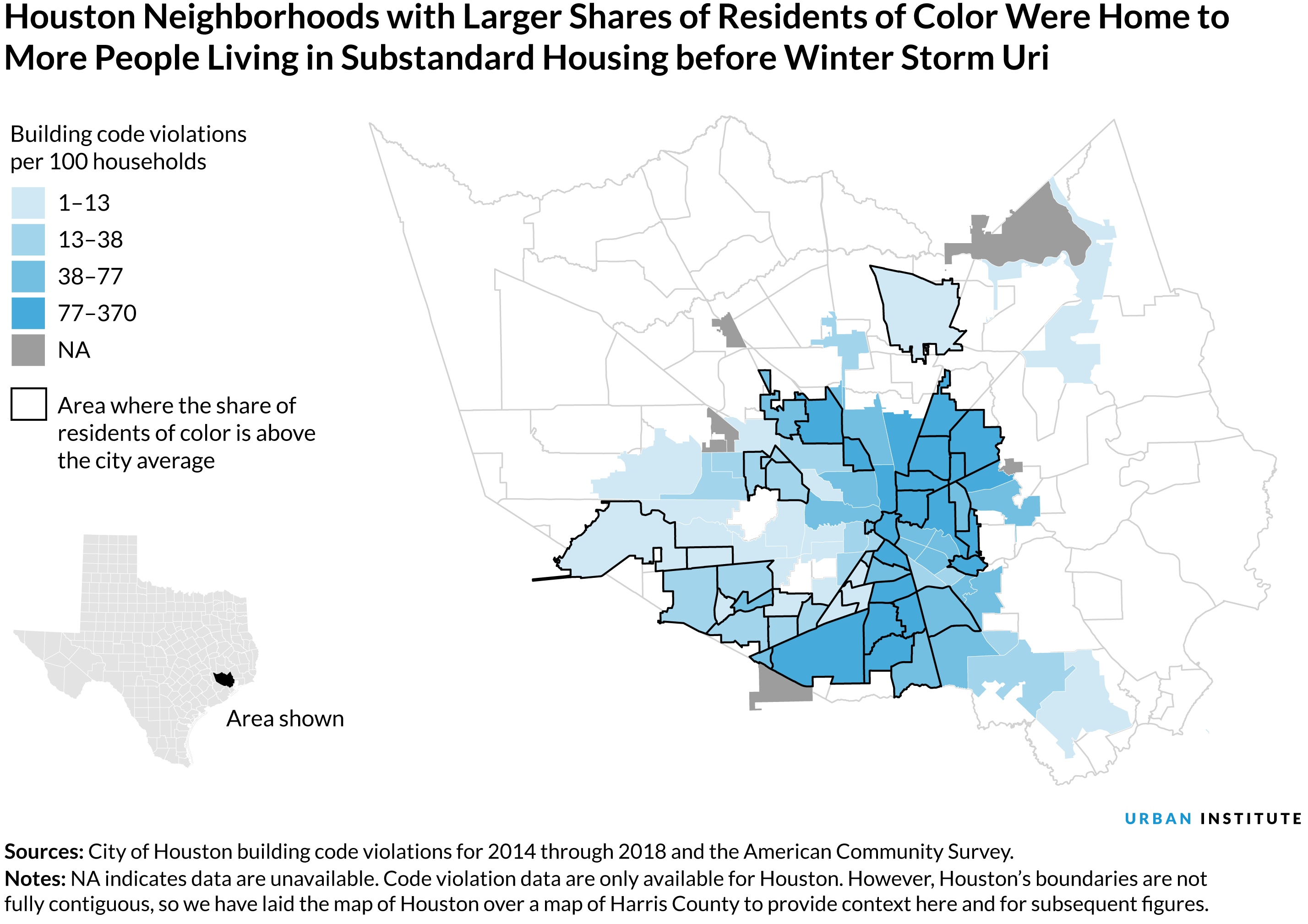 Map showing that Houston neighborhoods with larger shares of residents of color were home to more people living in substandard housing before Winter Storm Uri