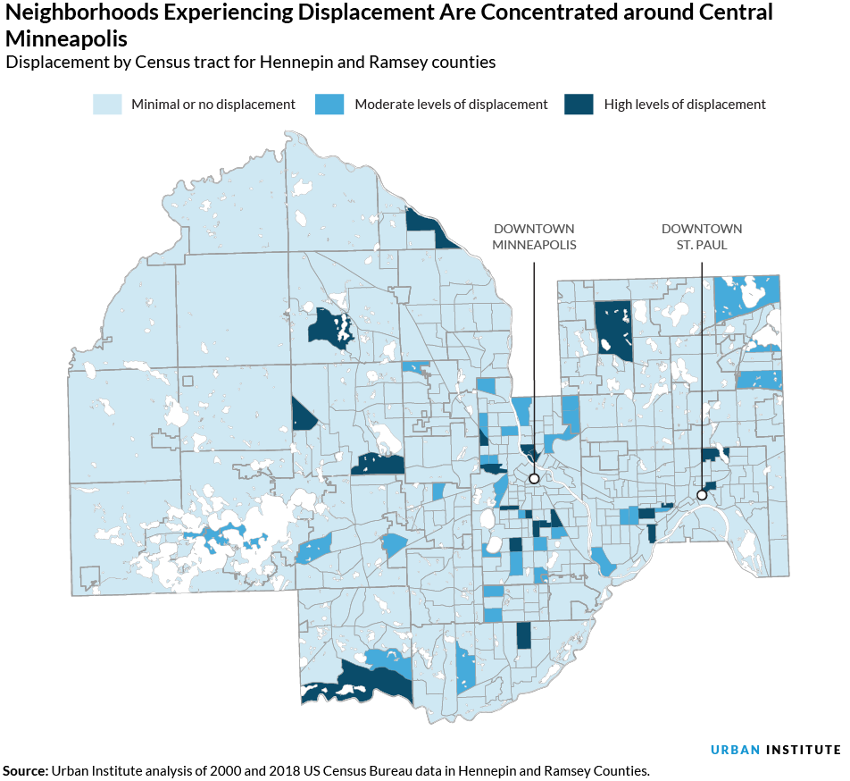 map showing neighborhoods experiencing displacement in the Twin Cities are concentrated around central Minneapolis
