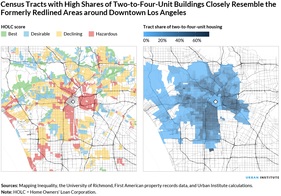 Maps showing census tracts with a high share of two-to-four-unit buildings closely resemble formerly redlined areas in downtown LA