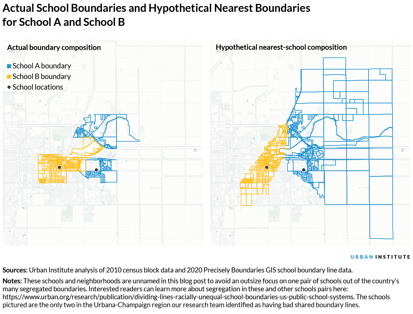 Two maps of two schools and their attendance boundaries in Illinois, with the map on the left showing the schools’ current boundaries and the map on the right showing hypothetical boundaries where every student attends their nearest school.