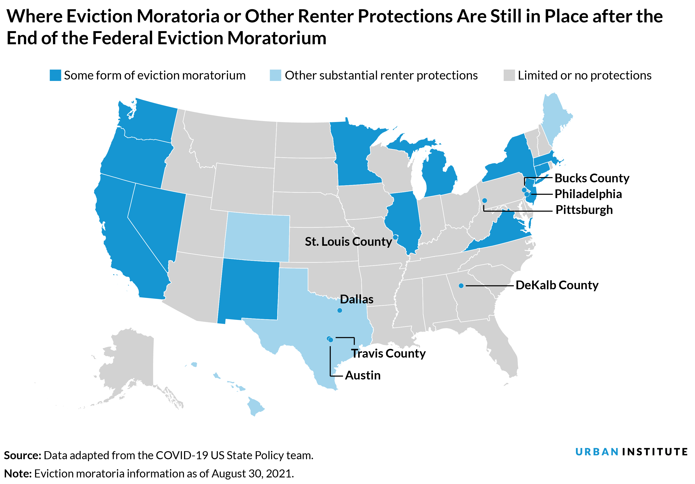 Map showing where eviction moratoria or other renter protections are still in place after the end of the federal eviction moratorium