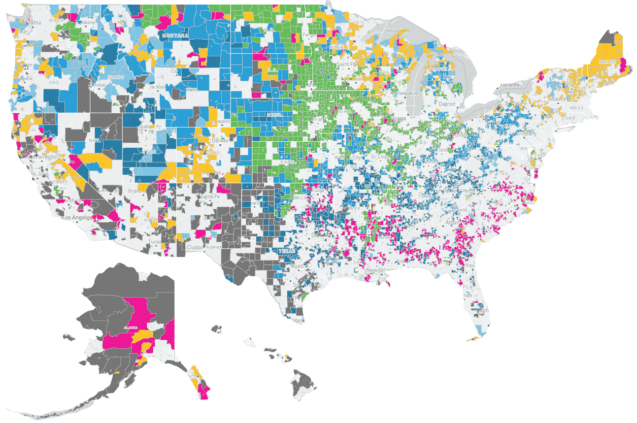 A map showing the seven peer groups that rural census tracts fall into nationwide. 