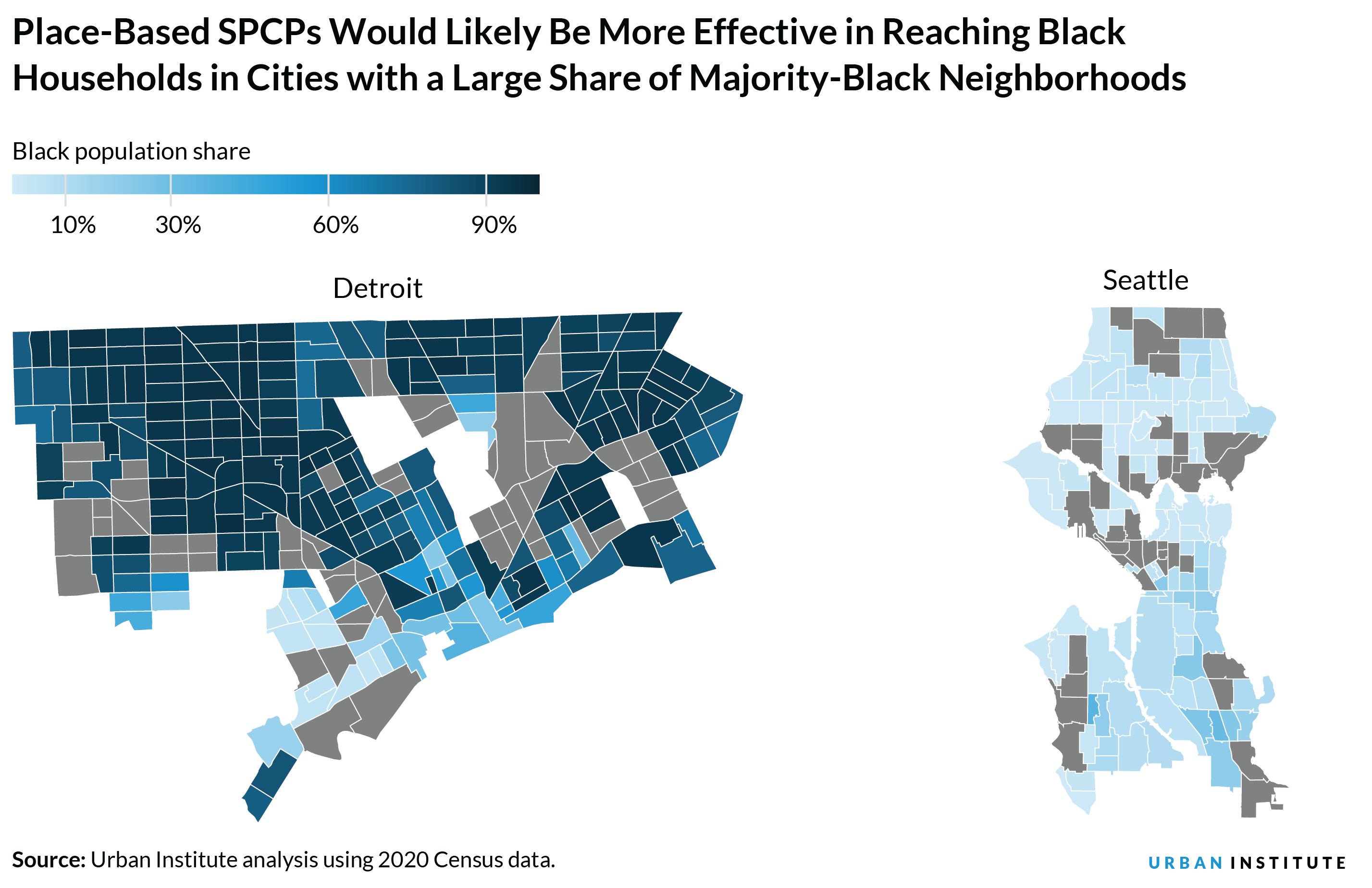 Map showing the Black population share in Detroit and Atlanta