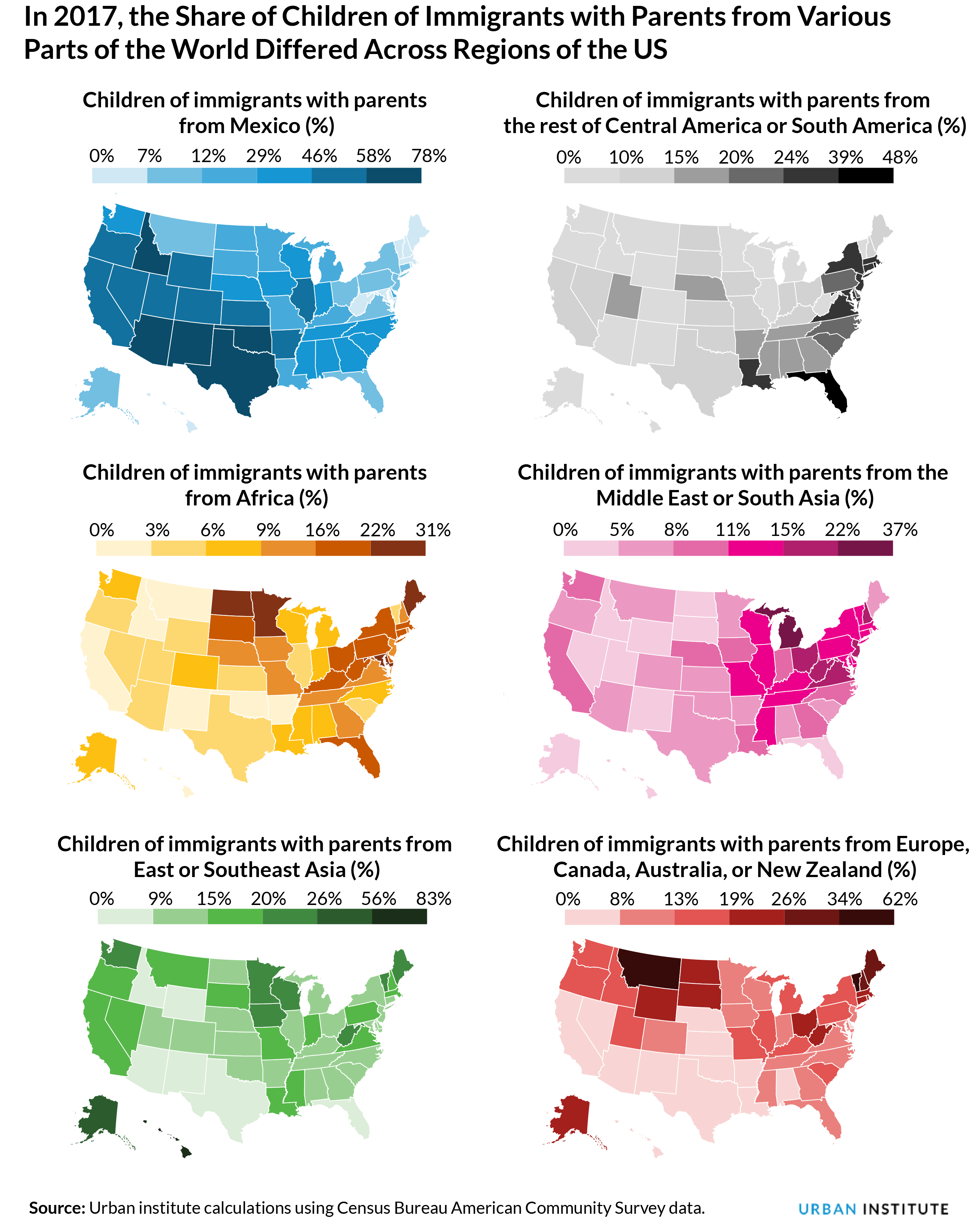 In 2017, the Share of Children of Immigrants with Parents from Various Parts of the World Differed Across Regions of the US