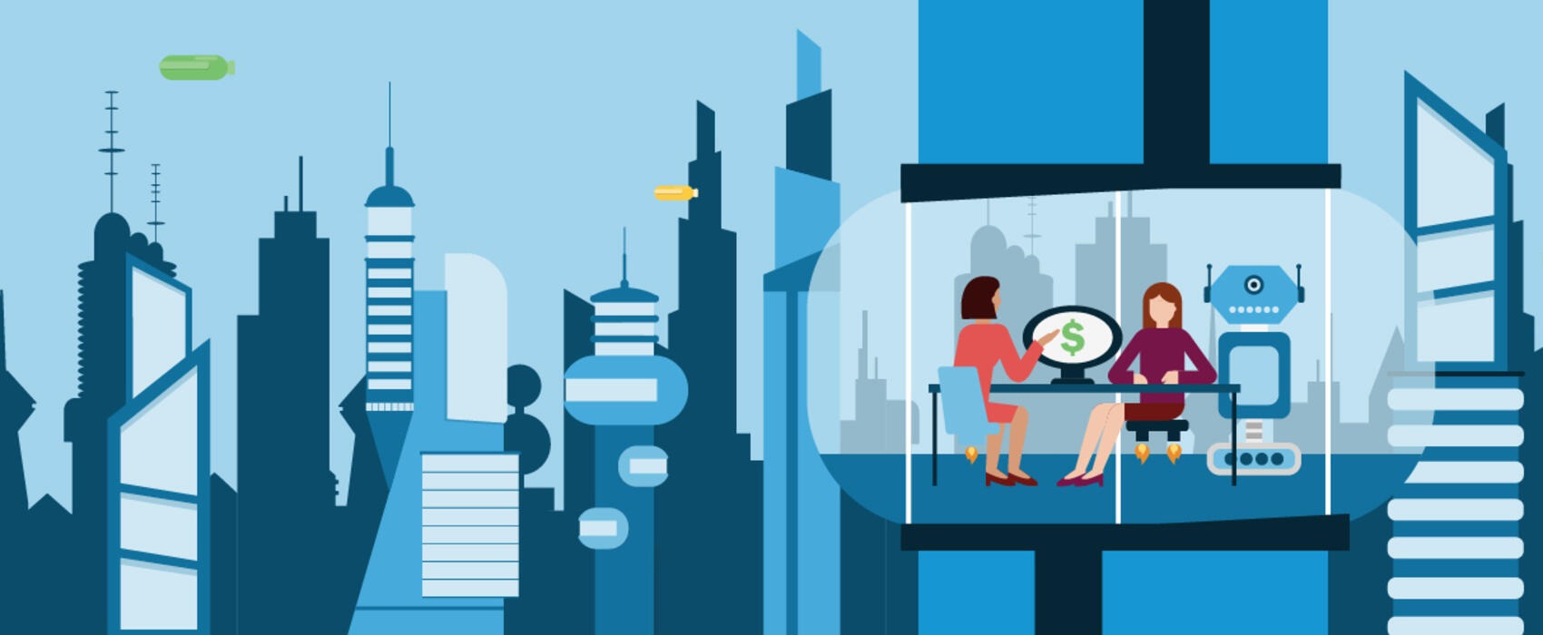 Illustration of two women meeting in a futuristic city