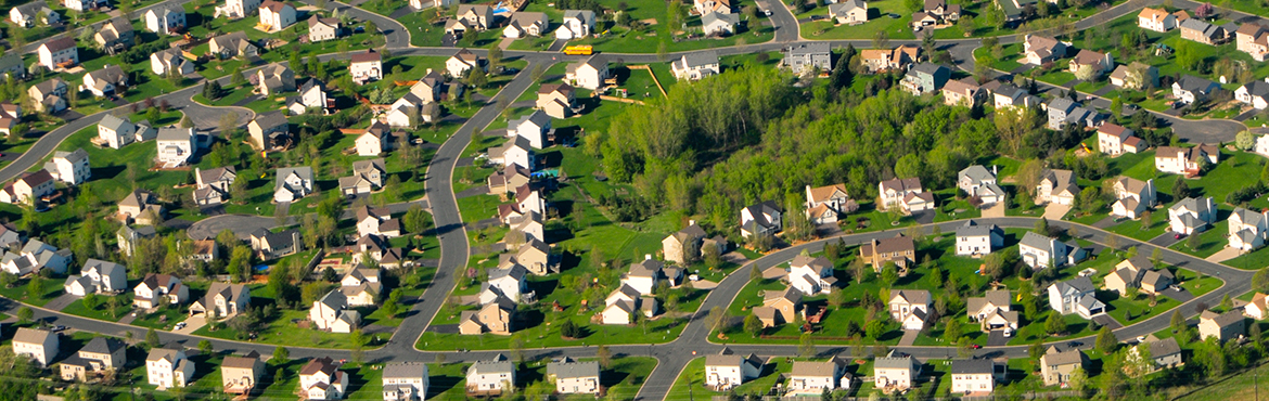 Overhead shot of a neighborhood. 