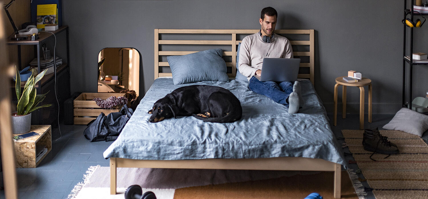 Man sitting in bed using laptop