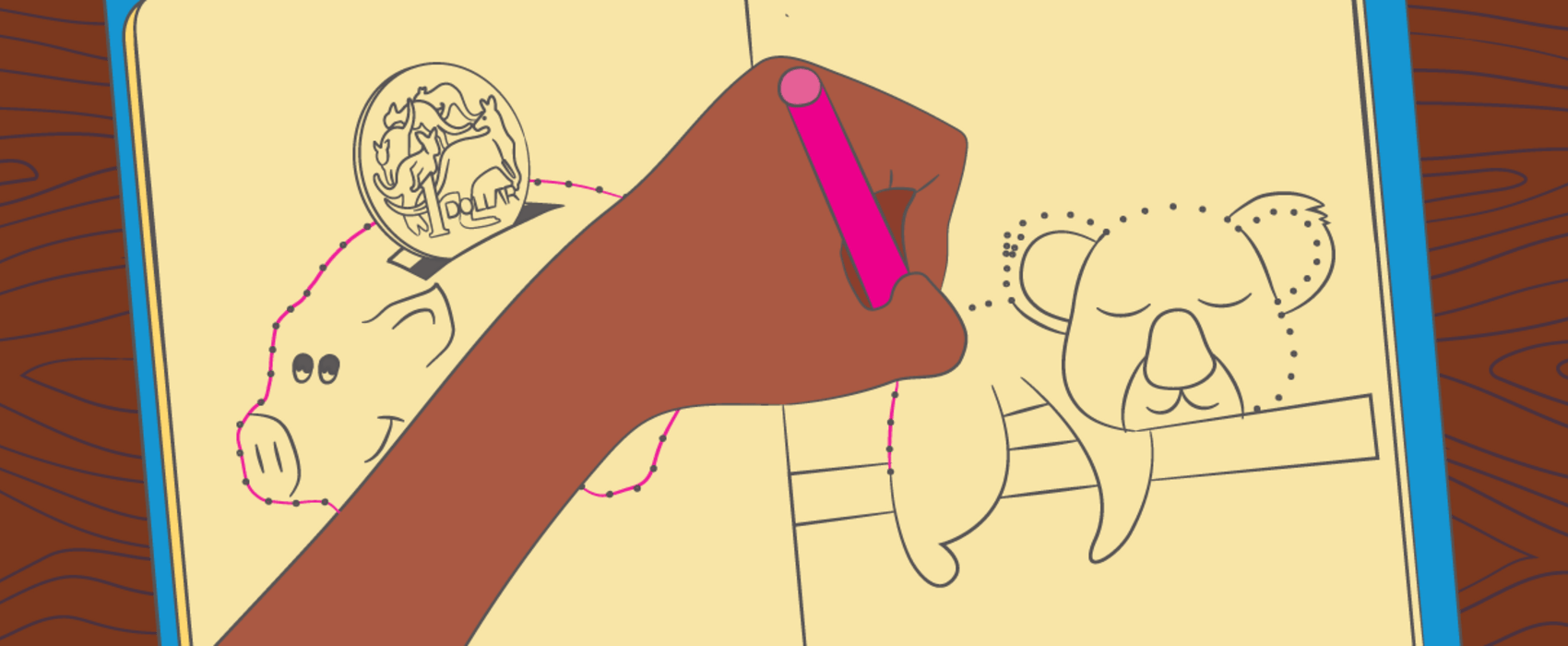 rendering of a child's hand tracing the outline of a koala bear drawing