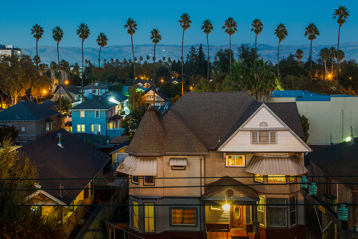 A neighborhood at night time. 