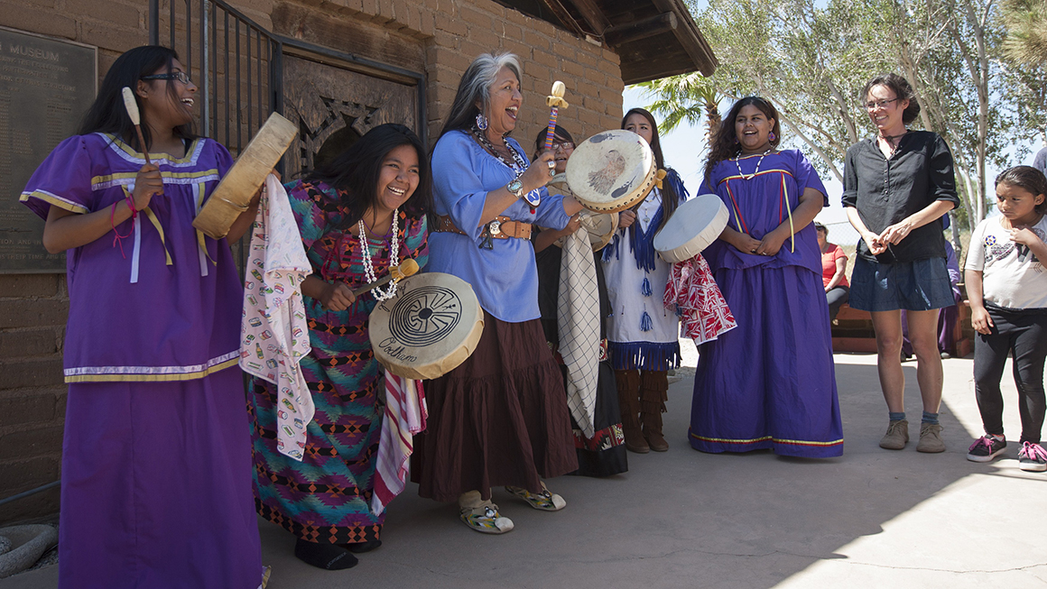 Students from Sherman Indian High School, an off-reservation boarding high school for Native Americans in Riverside, California, sing native songs together 