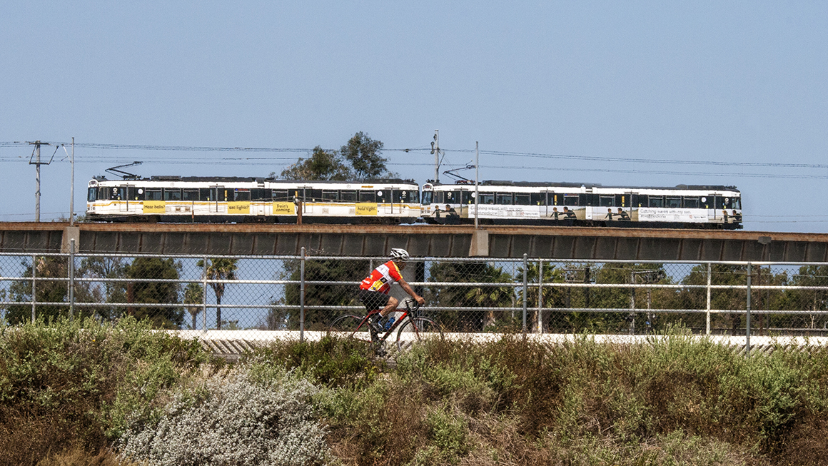 Los Angeles Metro Rail along Los Angeles River, Long Beach, California, USA.