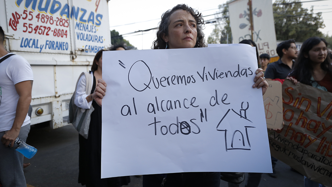 People and groups fighting for decent housing demonstrate outside the Ministry of Urban Development and Housing in Mexico City