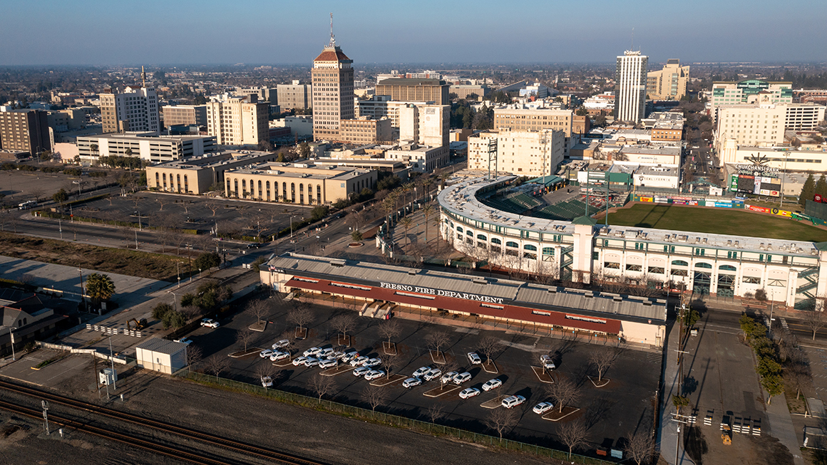 An aerial shot of a city.