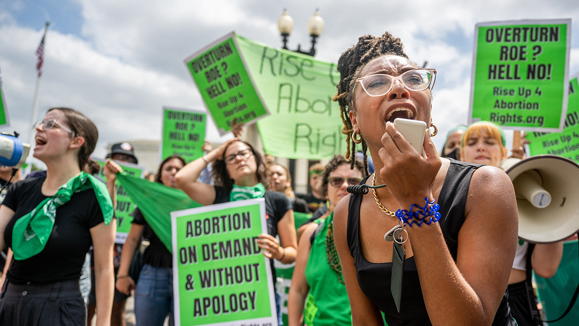 Abortion rights demonstrator Elizabeth White leads a chant in response to the Dobbs v Jackson Women’s Health Organization ruling in front of the U.S. Supreme Court.