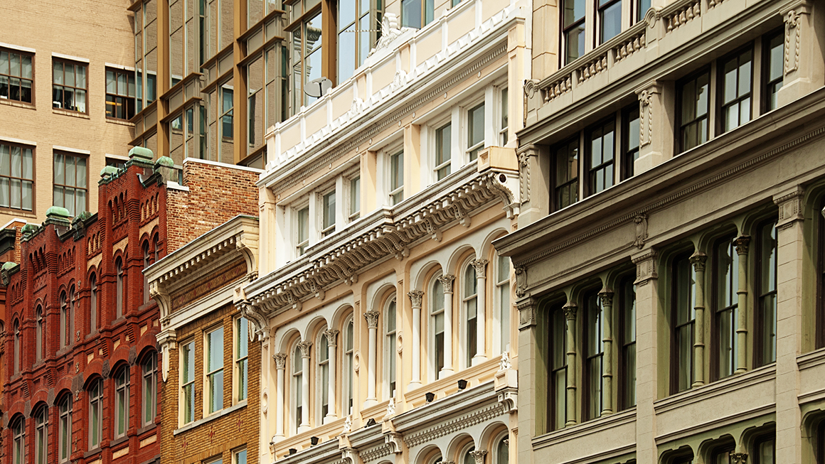 A picture of city buildings. 