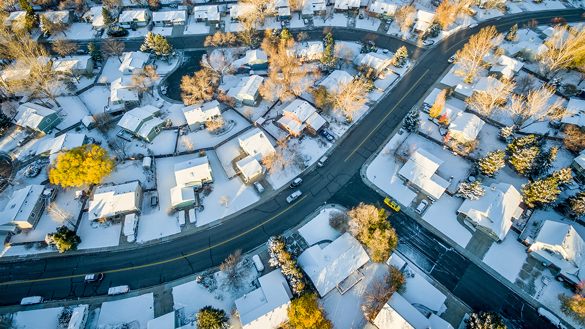 An aerial shot of a neighborhood.