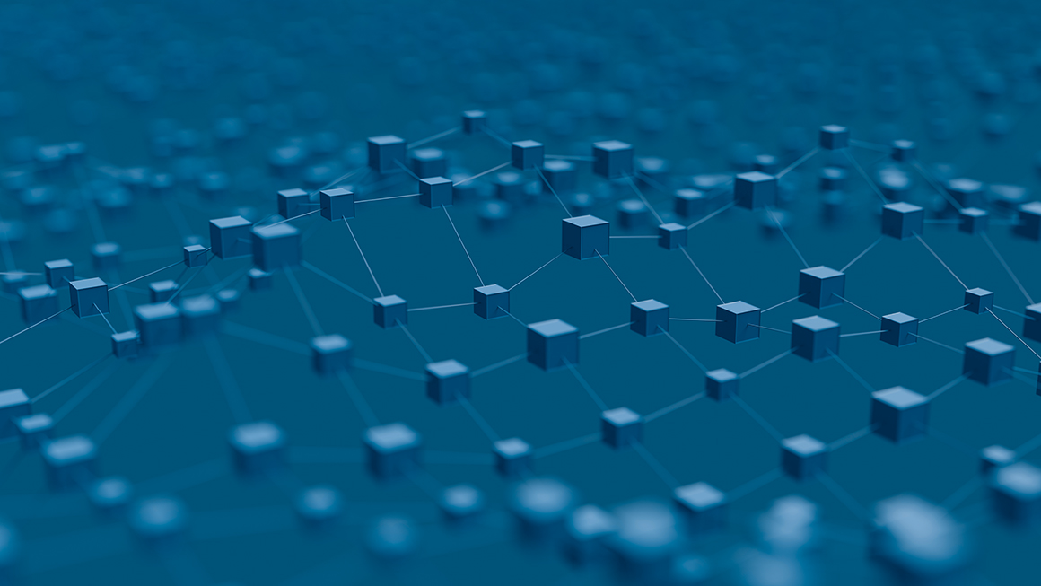 An animated model of cubes connected in a network.