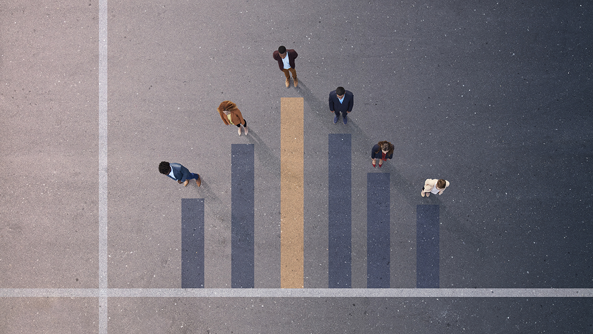 Aerial shot of people in a formation mimicking a graph.