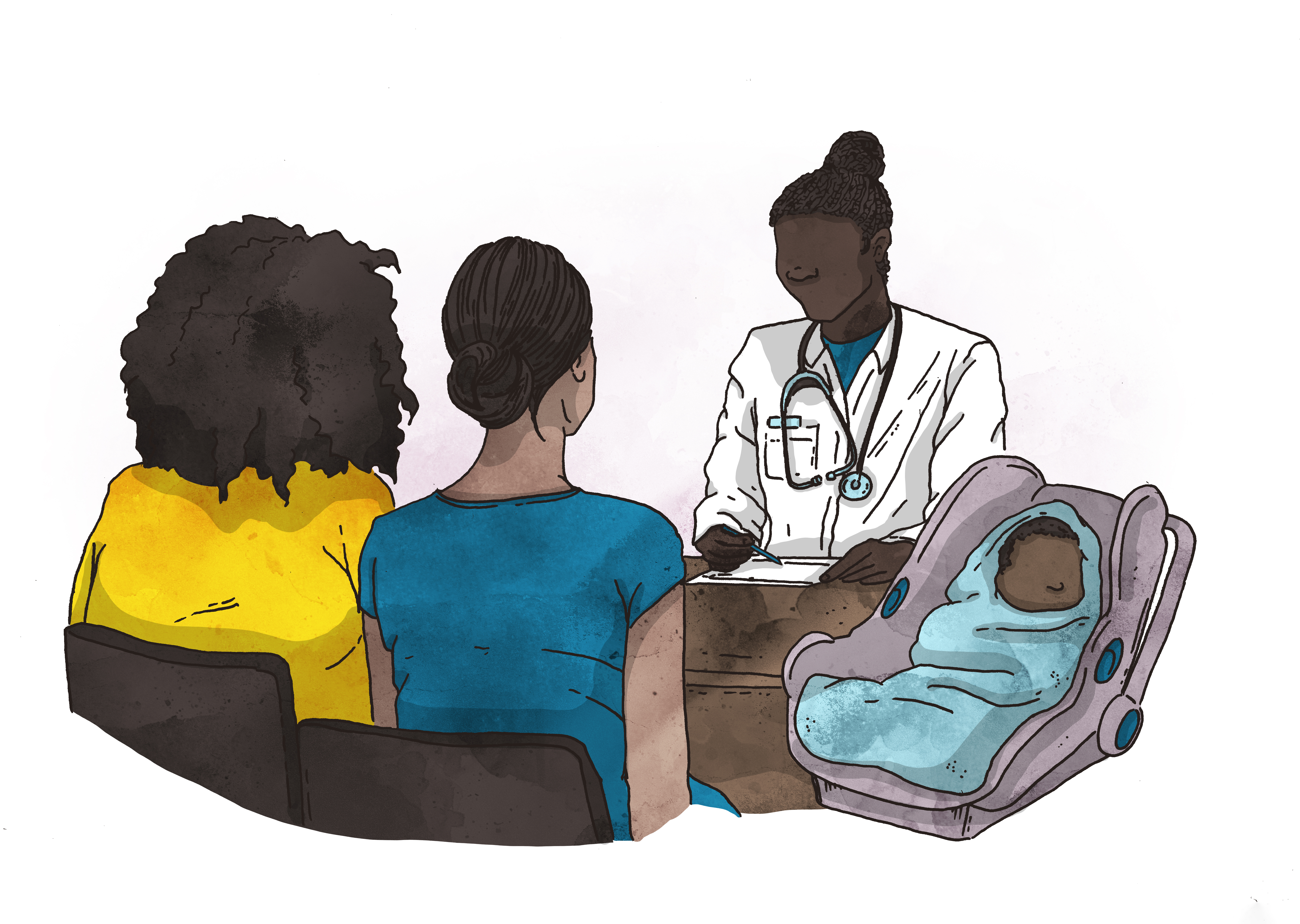 Two Black mothers and their newborn attend a postpartum appointment with their doctor, who is also a Black woman.