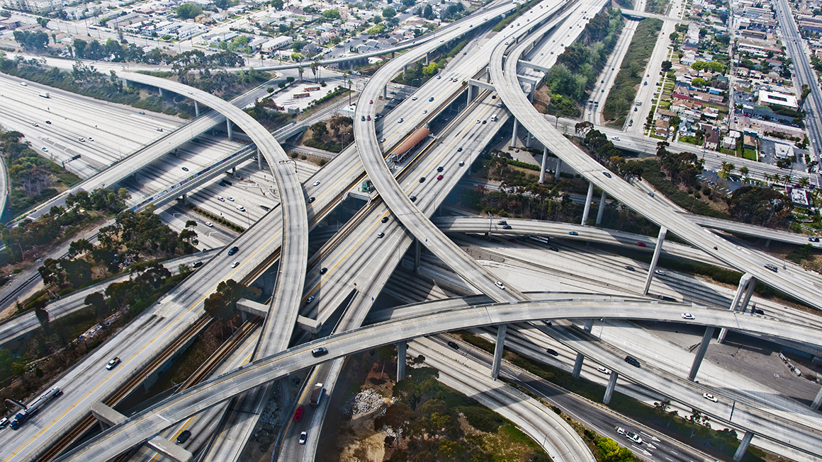An aerial shot of a big highway.