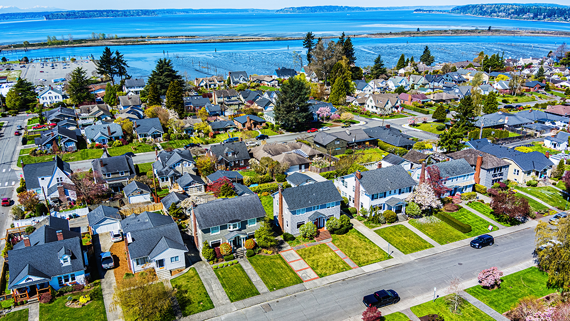 An aerial view of a neighborhood. 