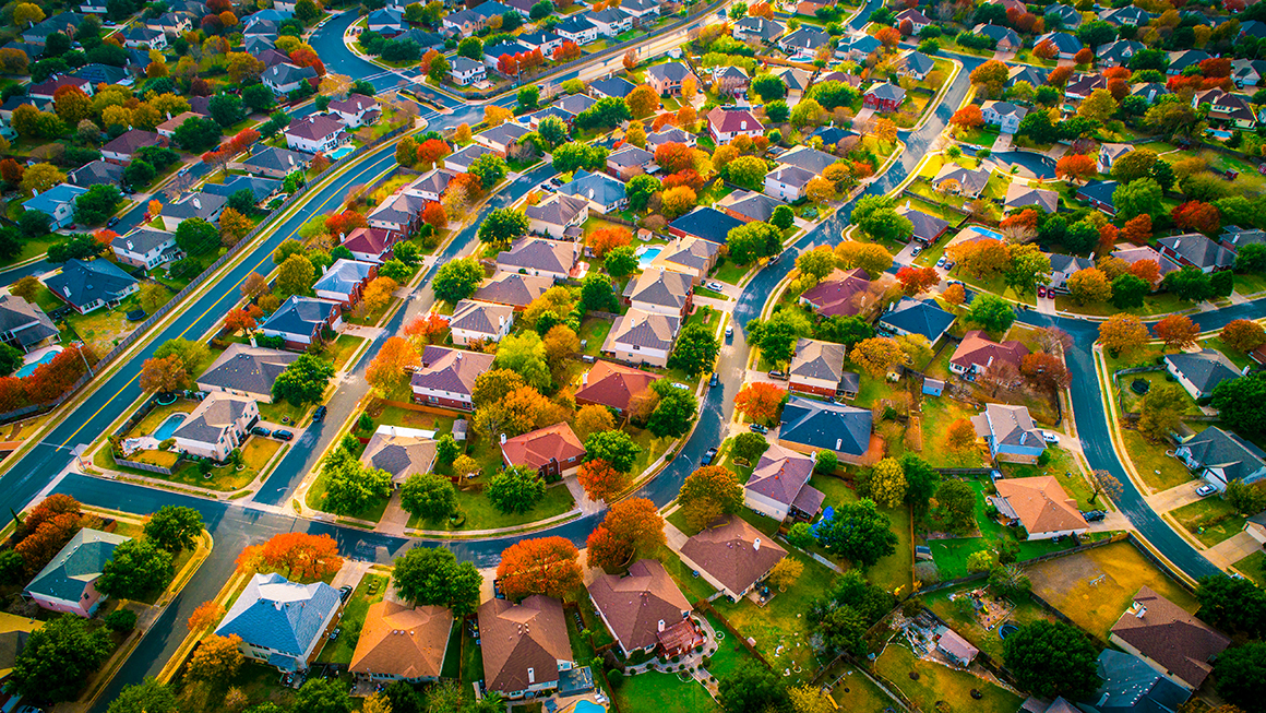 An aerial shot of a suburban neighborhood.