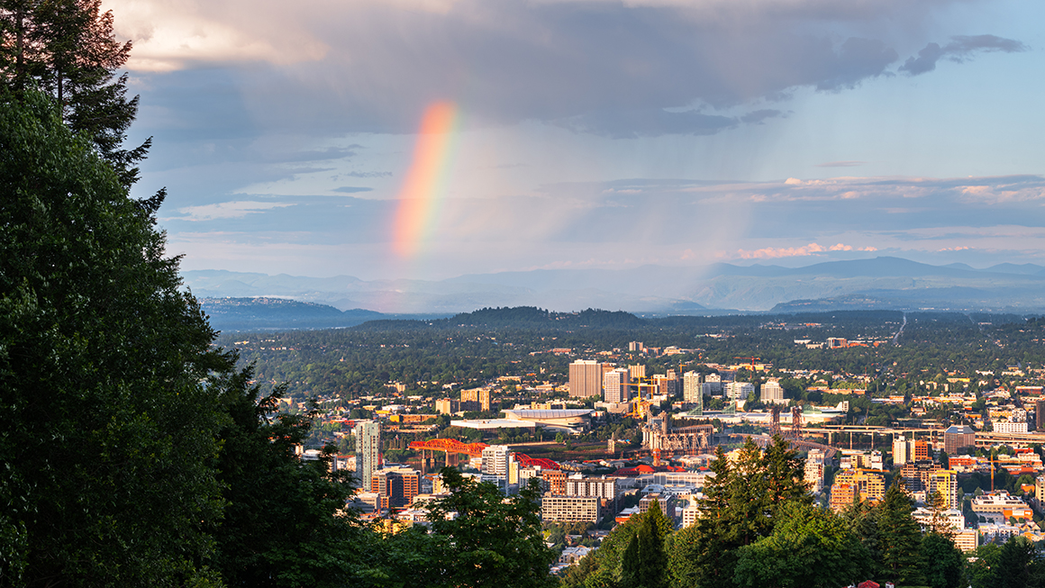 A wide shot of a neighborhood with a rainbow in the back