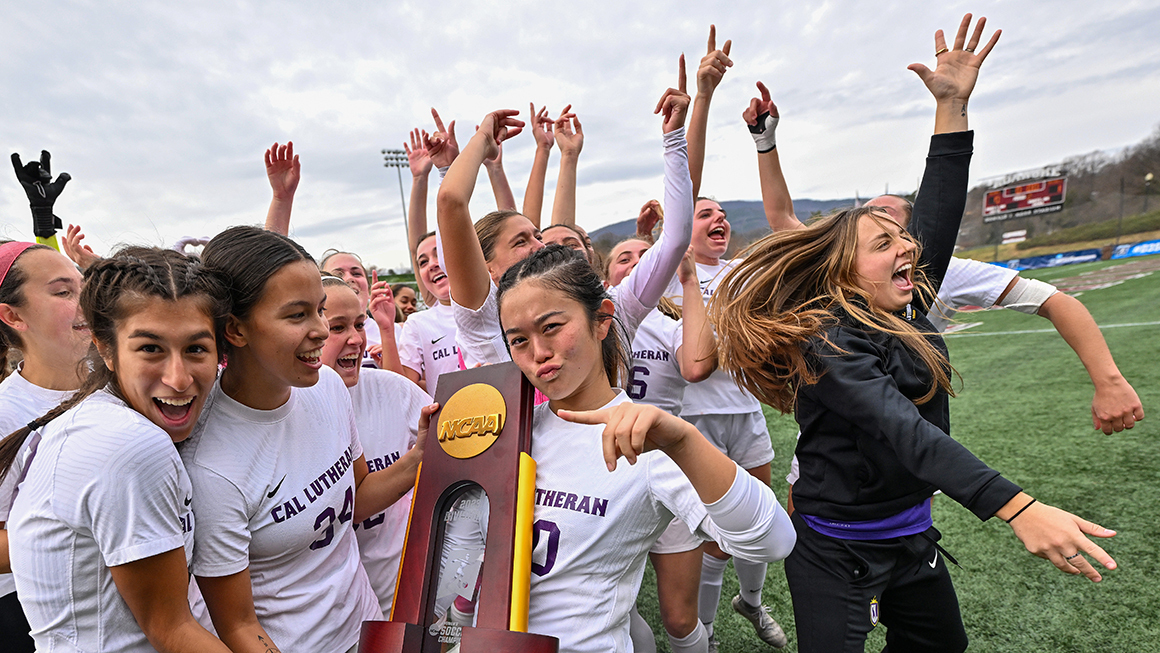  The Cal Lutheran Regals celebrate after their win against the Washington University Bears during the 2023 Division III Women's Soccer Championship at Donald J. Kerr Stadium