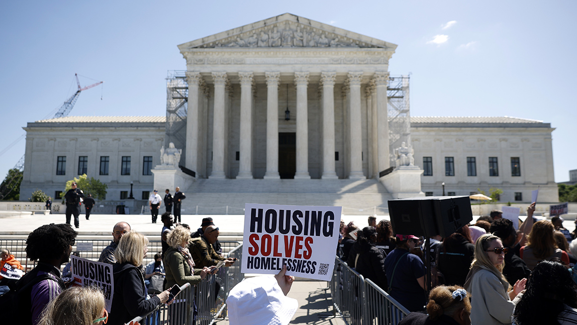 Homeless rights activists hold a rally outside of the U.S. Supreme Court on April 22, 2024 in Washington, DC