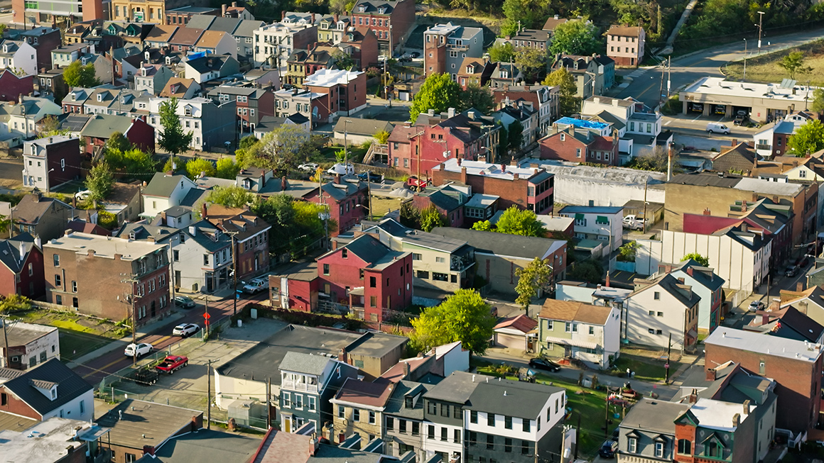 Drone Shot of East Allegheny Neighborhood in Pittsburgh, Pennsylvania - stock photo
