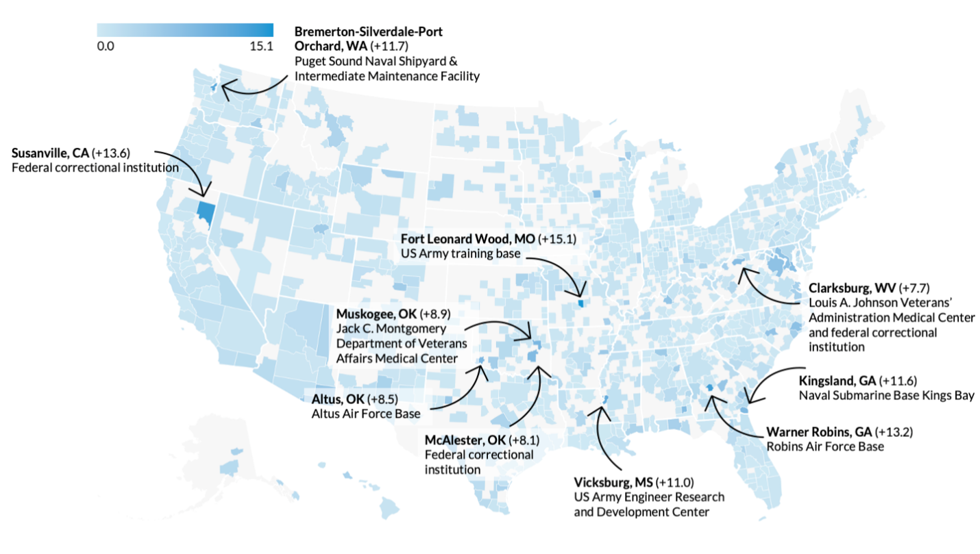 Graphic of Projected Increases in Local Unemployment Rates after a Proposed 75 Percent Reduction in the Federal Workforce