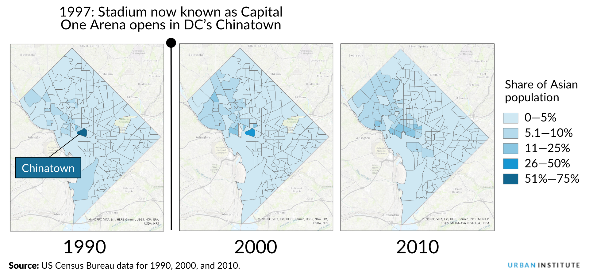 photo of Chinatown maps over years 1990, 2000, and 2010