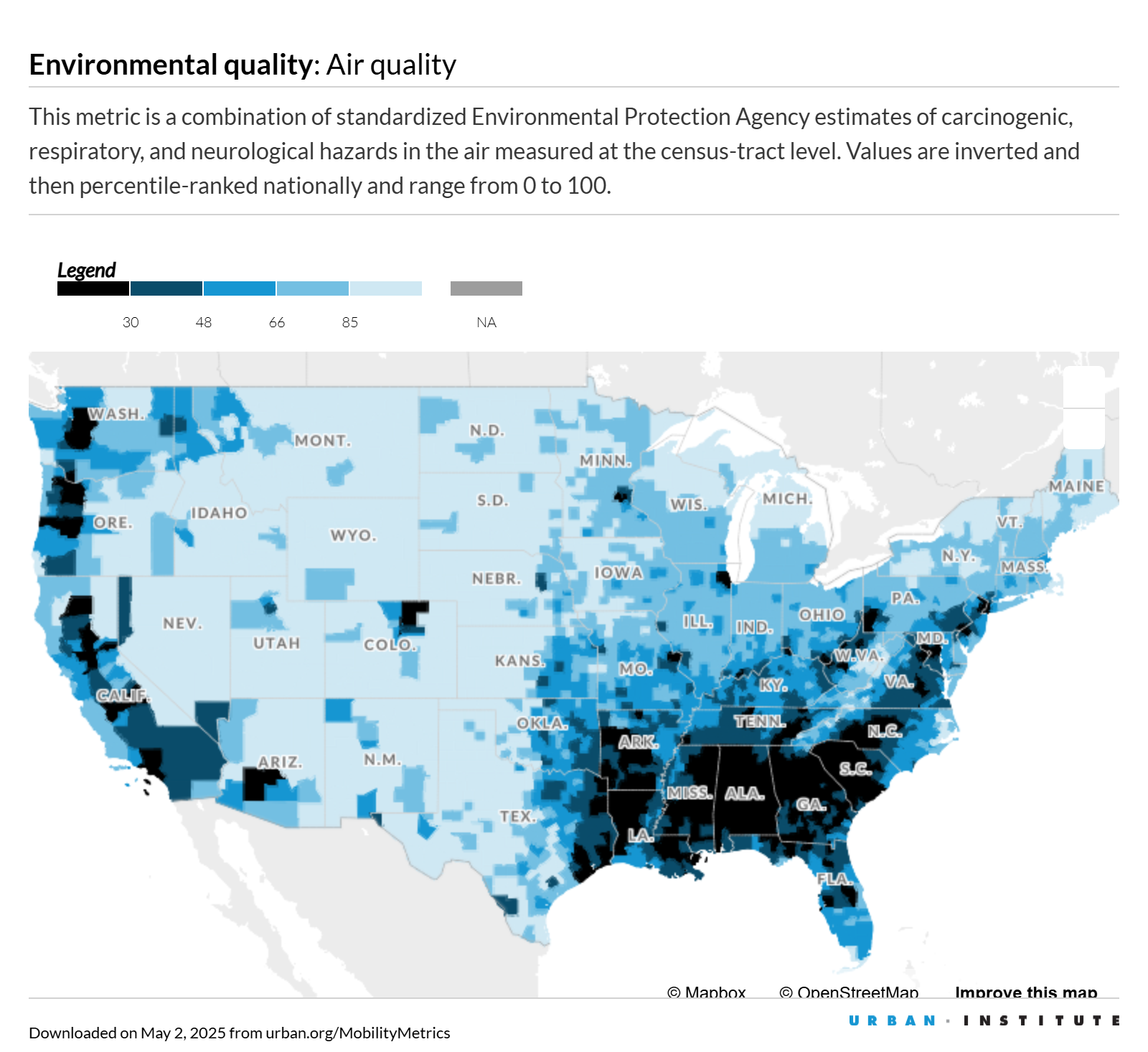 A map showing air quality for US counties in 2019