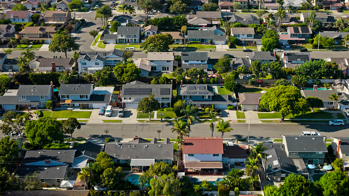 An aerial view of a residental neighborhood.