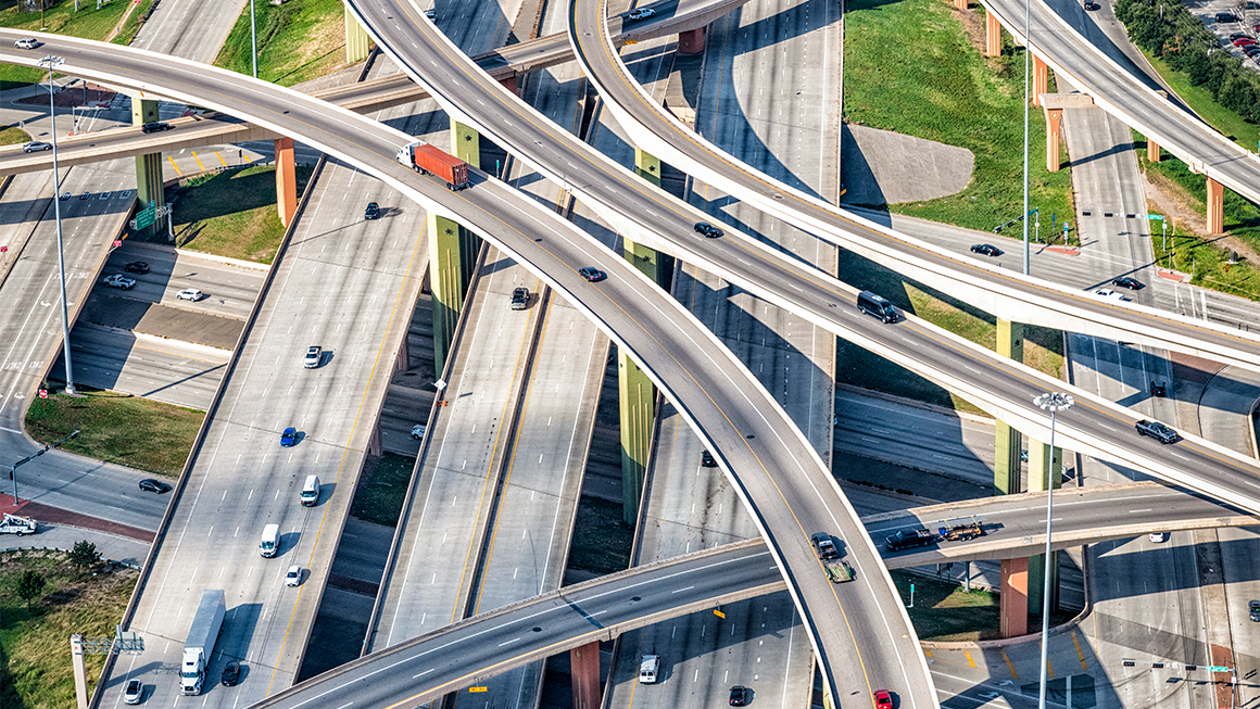 An aerial view of a highway interchange.