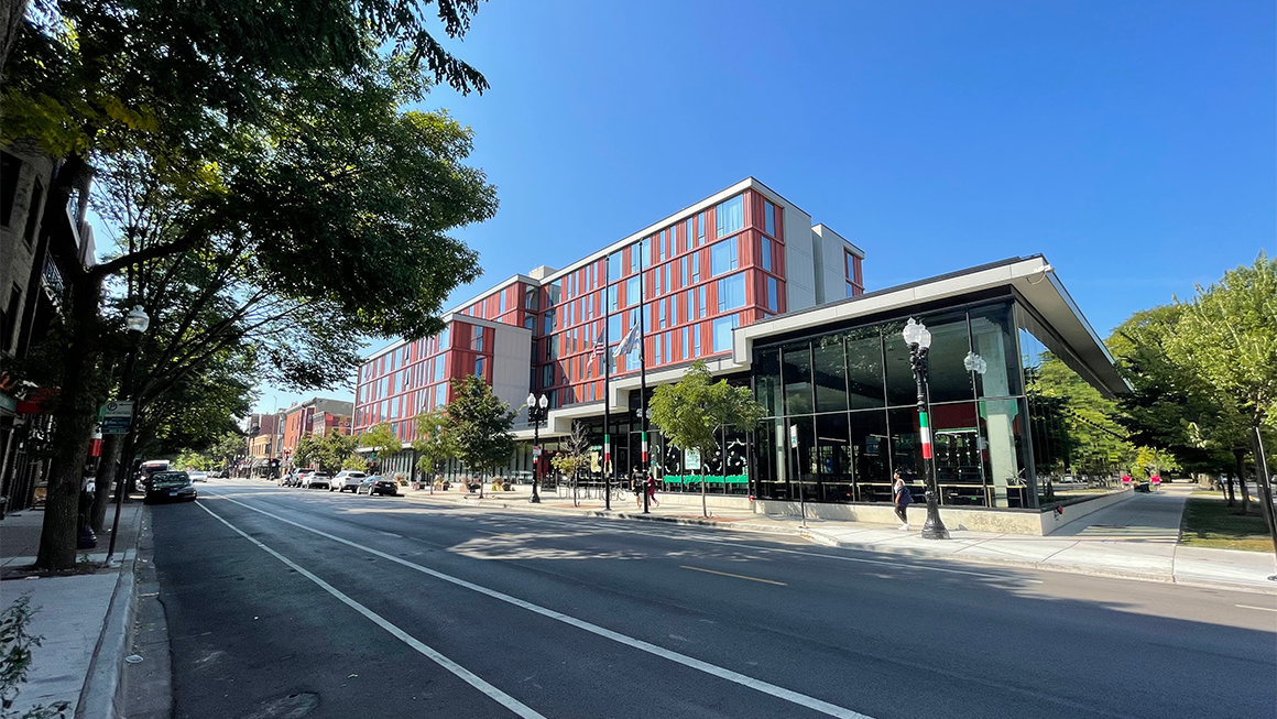 Photo of the Taylor Street Library in Chicago, which sits on the ground floor of a seven-story combined library-apartment building.