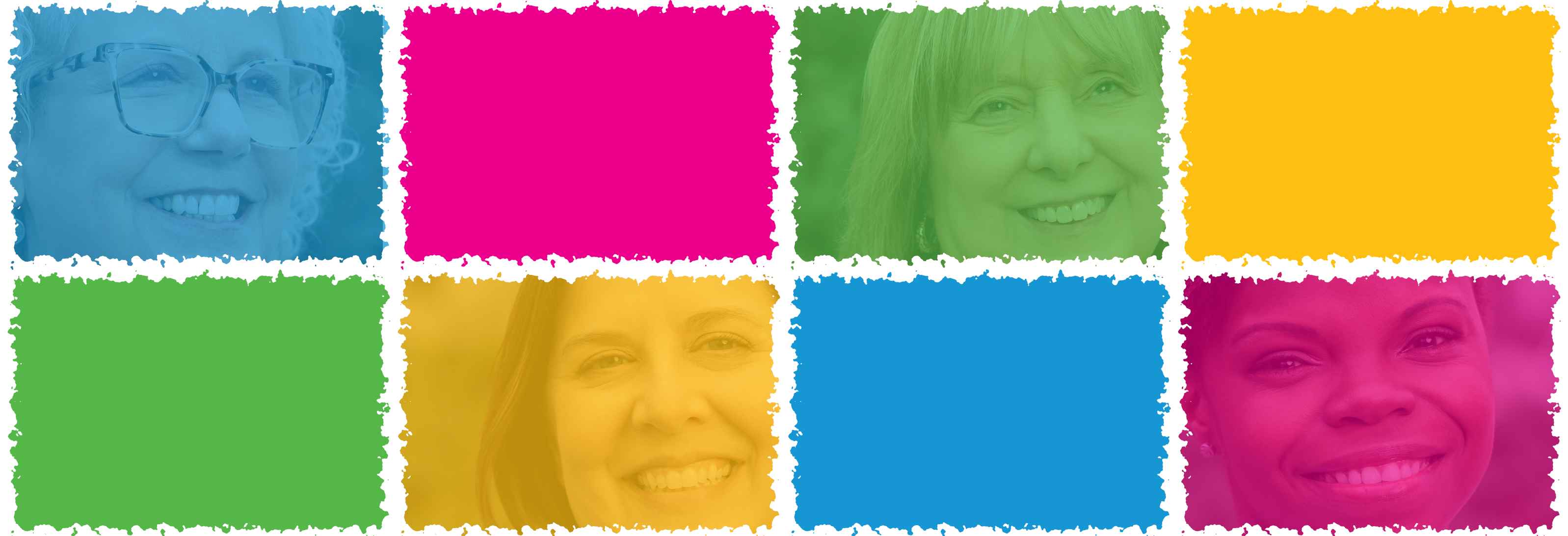 Colorful collage of four women’s portraits and four solid color squares in bright hues.