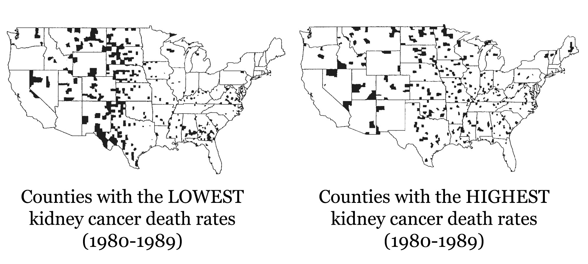 image from textbook showing maps of kidney cancer death rates