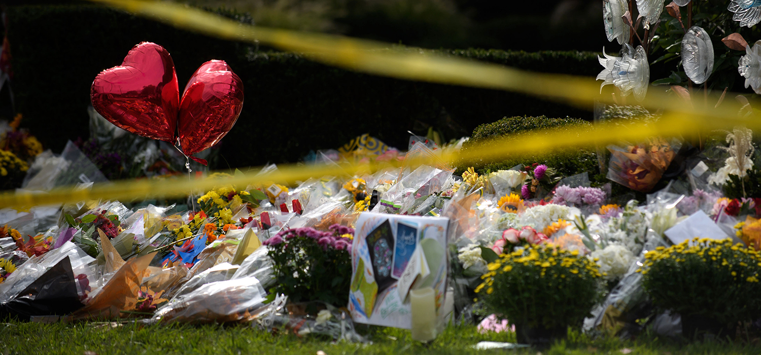 Flowers outside the Tree of Life Synagogue